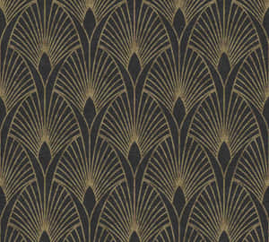 裝飾藝術風格壁紙，深色紋理背景上帶有金色扇形圖案 — 金色質感 壁紙
