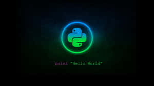 帶有print Hello World文字的Python標誌，發出綠色和藍色光芒。 — 程式設計 壁紙