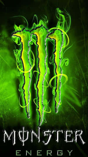 在深色背景上帶有煙霧漩渦的發光綠色怪物能量標誌。 — Monster Energy 壁紙
