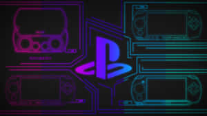 發光的PlayStation標誌，帶有霓虹藍和紫色的線框PSP主機。 — 傻鴨 壁紙