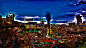 一個充滿活力的數位藝術夜景城市景觀，帶有霓虹燈和從工業塔樓升起的煙霧。 — 16:9 壁紙
