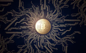 金色比特幣硬幣被發光電路圖案包圍，背景為深藍色。 — 比特幣 GIF 壁紙