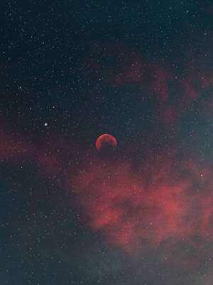 血月在星空下與紅色星雲雲層一同發光。 — 月落 壁紙