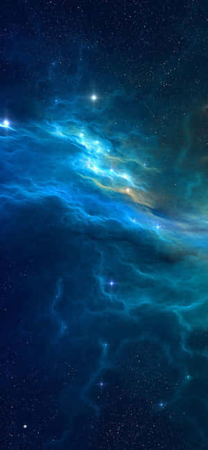 在深邃的太空場景中，一個發光的藍色和藍綠色星雲，點綴著星星。 — 1170x2532 壁紙