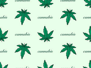 在淺綠色背景上以重複圖案排列的綠色大麻葉和文字。 — 吸大麻 壁紙