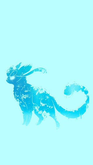 在淺青色背景上，一個像貓一樣的動漫生物的藍色水彩剪影。 — Glaceon 壁紙