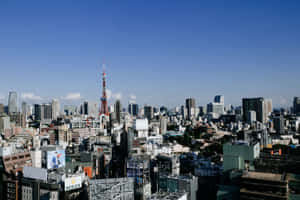 東京城市景觀，東京塔在清澈藍天下從密集建築中聳立。 — 東京 壁紙