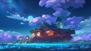 在滿月和紫色花朵下，星空之夜中閃耀的日本神社。 — 原神 壁紙