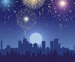 煙火在夜間滿月下於城市天際線上方綻放。 — 慶祝 壁紙