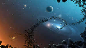一個被小行星和星星包圍的螺旋星系，構成色彩繽紛的宇宙場景。 — 星際效應 壁紙