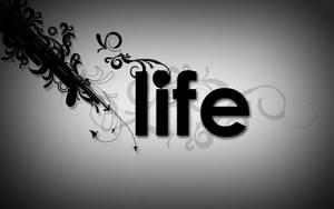 在灰色漸變背景上，帶有裝飾性漩渦和蝴蝶的「life」一詞。
