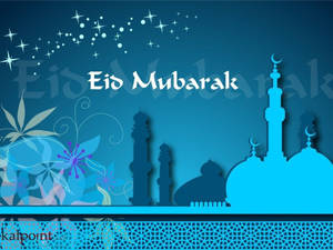 藍色背景上帶有清真寺和花卉設計的Eid Mubarak賀卡。 — 慶祝 壁紙