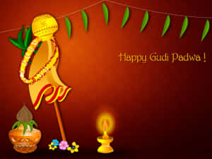 節日Gudi Padwa問候，金色旗幟、點燃的迪亞燈和紅色背景上的花朵。 — 新年快樂 壁紙