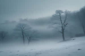 灰色天空下，濃霧中出現光禿樹木的雪坡 — 丘陵景觀 壁紙
