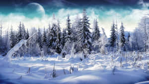 夜晚發光月亮下的雪松林。 — 冬季風景 壁紙