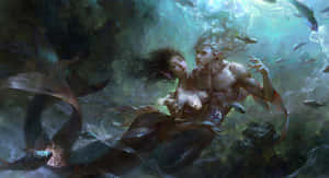 一條人魚與一條男性人魚在發光的魚和珊瑚之間水下擁抱。 — 美人魚 壁紙