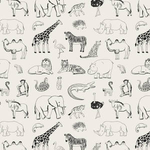米色背景上的黑白動物插圖圖案。 — 狗狗藝術 壁紙