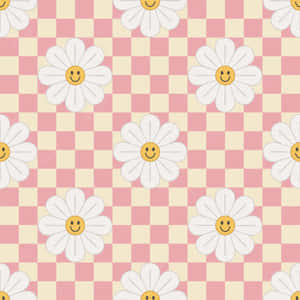 帶有微笑雛菊的粉紅和奶油色棋盤格圖案。 — iPad Air 壁紙