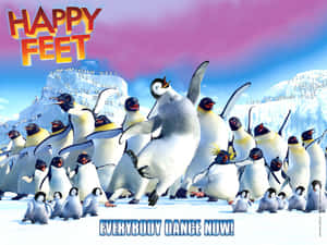 動畫企鵝在雪地上快樂跳舞，並帶有「Happy Feet」文字。 — 企鵝 GIF 壁紙