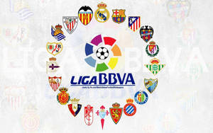 La Liga BBVA 標誌與周圍的足球俱樂部徽章在紋理背景上。 — 歐洲冠軍聯賽 壁紙