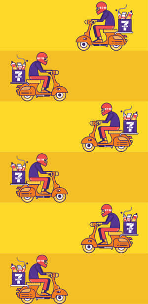 一個橙色機車送貨員帶著7eleven盒子，以圖案重複出現。 — Pixel 4 壁紙