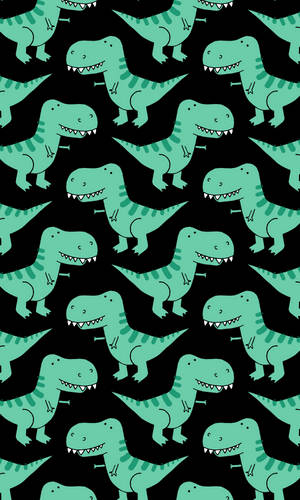 在黑色背景上重複圖案的青綠色卡通 T-Rex 恐龍。 — 猩猩 iPhone 壁紙