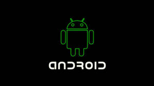 黑色背景上帶有白色文字的發光綠色Android機器人標誌。 — 可愛的機器人 壁紙
