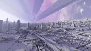 在紫色宇宙天空下，帶有發光天體結構的未來城市。 — 4K 光環 壁紙
