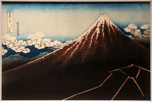 在傳統的日本木版畫中，富士山頂著白雪和風格化的雲層。 — 日式藝術 壁紙