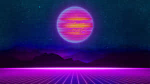 霓虹網格地板，下方有發光星球和紫色山脈，夜晚。 — 霓虹 壁紙