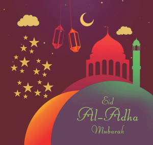 Eid Al-Adha Mubarak 祝福，包含清真寺、燈籠、星星和新月。