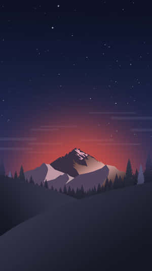 在繁星點點的夜空下的山脈，帶有紅色地平線和松樹。 — 酷炫iPhone 壁紙