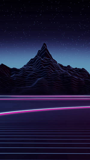 喺星空下，霓虹發光線條蜿蜒穿過黑暗嘅山景。 — 藝術 壁紙