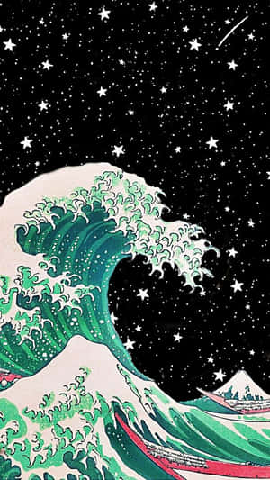 在繁星點點的夜空下，一道巨大的綠色波浪，背景有山和流星。 — 黑川伊佐那 壁紙