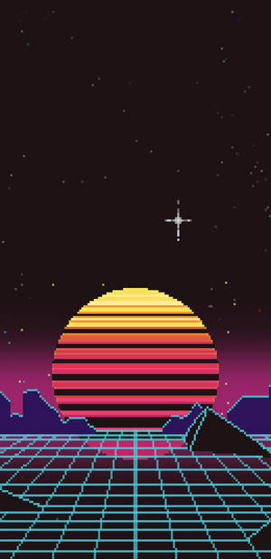 像素藝術日落與網格景觀和星星 — 像素藝術 壁紙