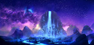 在繁星點點的紫色天空下，一道發光的瀑布流經岩石景觀。 — 美學天空 壁紙