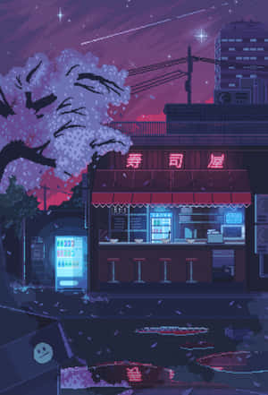 夜晚的像素藝術壽司店，櫻花和霓虹燈在星空下。 — iPad Pro 11 壁紙