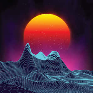 在復古未來主義的數位景觀中，發光日落下的線框山脈。 — 復古90年代風格 壁紙
