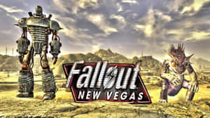 Fallout New Vegas 遊戲標誌，兩側是動力裝甲和食屍鬼，在沙漠荒野中。