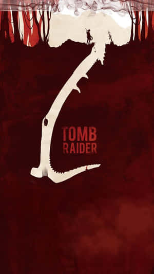 一個剪影探險家攀爬著紅色森林中的鋸齒狀懸崖，並帶有「Tomb Raider」文字。 — 古墓奇兵 壁紙