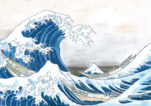 一道高聳的藍色巨浪撲向小船，背景是富士山。 — 日式海浪 壁紙