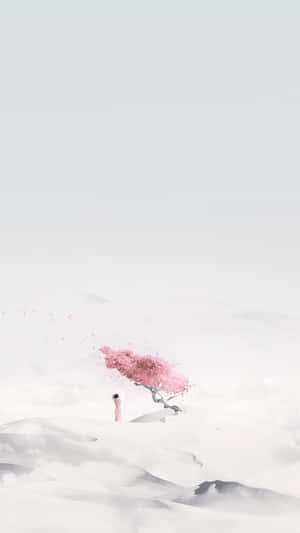 一個人站在雪地上的一棵粉紅色櫻花樹下。 — 極簡 iPhone 壁紙