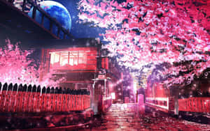 在藍色月亮的夜晚，粉紅櫻花下的傳統日本房屋。 — 16:10 壁紙
