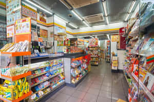 便利商店通道，在明亮燈光下，貨架上擺滿了零食和產品。 — 7-ELEVEN 壁紙
