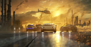 警車和跑車在夕陽下穿越工業區，直升機在上方盤旋。 — 電玩遊戲 GIF 壁紙