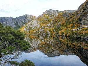山中湖泊在陰天下映照秋樹和岩石峭壁 — 湖泊 壁紙