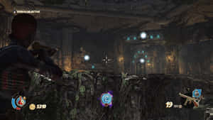 玩家在黑暗長滿植物的廢墟中瞄準武器，有發光球體 — 夜魔俠 壁紙