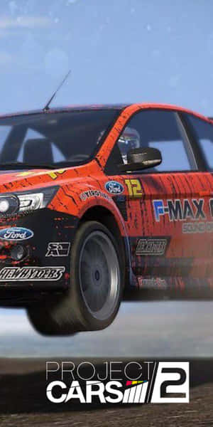 紅色和黑色的福特拉力賽車在 Project Cars 2 遊戲中於潮濕賽道上漂移。 — 電玩遊戲 GIF 壁紙