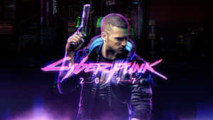 Cyberpunk 2077 主角在夜晚霓虹燈閃爍的城市中握著一把發光的手槍。 — 電玩遊戲 GIF 壁紙