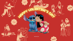 Lilo 親吻 Stitch，帶有 'Happy Valentine's Day' 文字和周圍的浪漫場景。 — 可愛情人節 壁紙